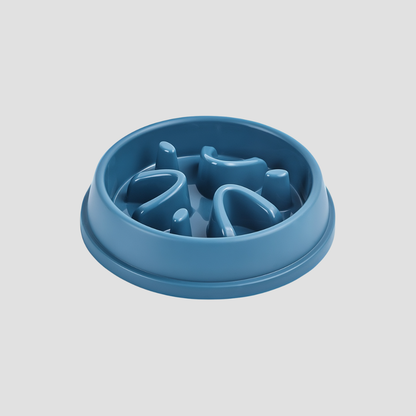 Blue pet feeder with a textured surface on a light gray background