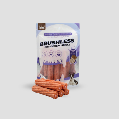 Package of Brushless Dog Dental Sticks with sticks displayed in front on a light gray background