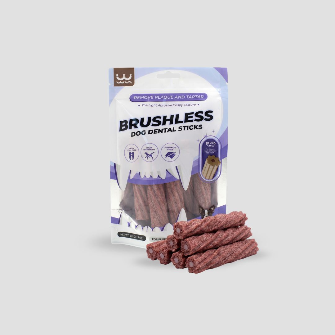 Packaging of Brushless Dog Dental Sticks with sticks displayed in front on a light gray background