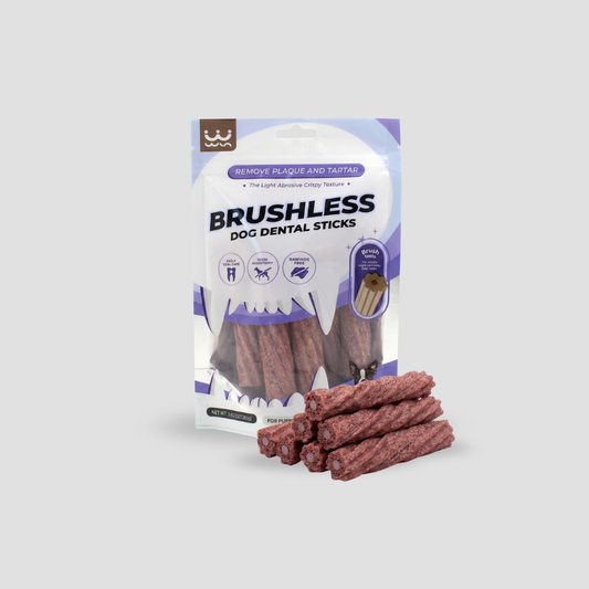 Packaging of Brushless Dog Dental Sticks with sticks displayed in front on a light gray background