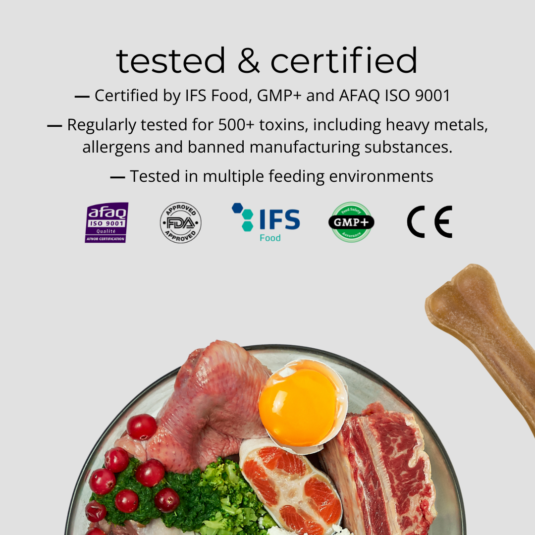Certified pet food ingredients with a bone on a light gray background